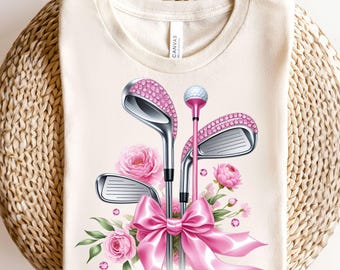 GOLF Różowe kwiaty PNG, Golf Png, Różowa wstążka Golf Club Clipart, Golf png, Golf Ball Club i Tee, Golf Sublimacja, Golf Clipart, Golf Tee