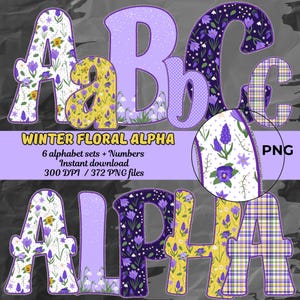 Winter Floral Doole Alphabet PNG, Purple Flower Letters & Numbers PNG, Cute Floral Alpha Set png, Sublimation Clipart png