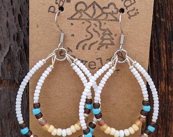 Native Indigenous Tan & Turquoise Beaded Double Hoops