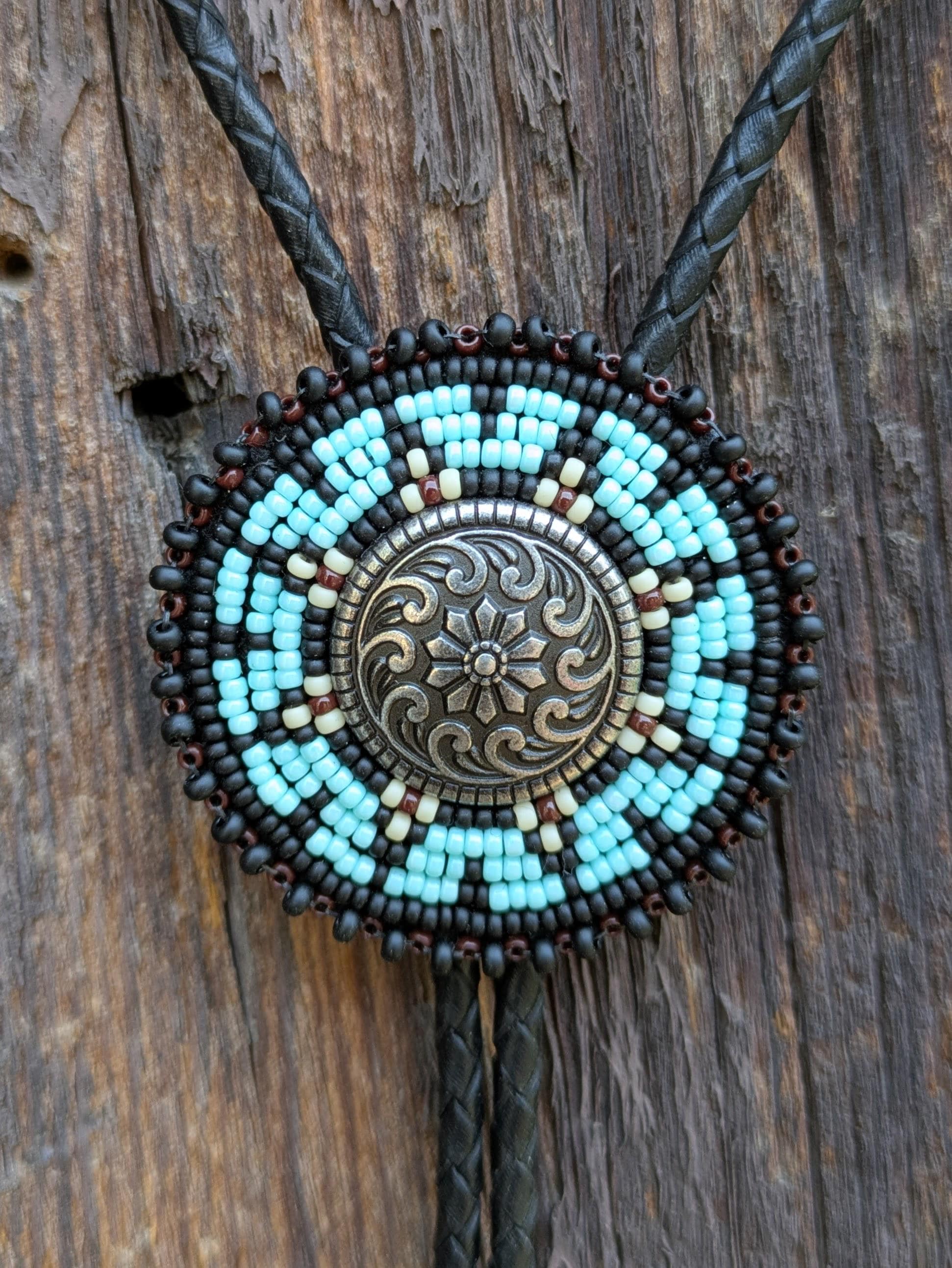 Handmade Native American Indigenous Southwest Beaded Medallion Leather Bolo Tie or Necklace