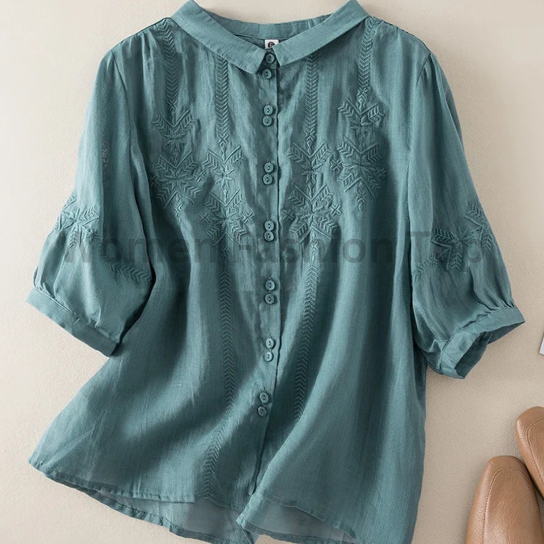 Women Summer Print V-Neck 100%Ramie Thin Long Blouse