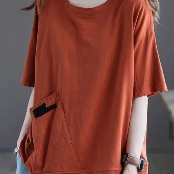 Women's Summer Vintage Casual Shirt - Pocket Patch Streetwear Cotton Oversized T-shirts - Round Neck Short Sleeve Top Female Clothing