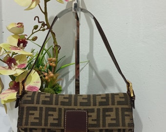 FENDI Brown Zucca Baguette Canvas Shoulder Bag