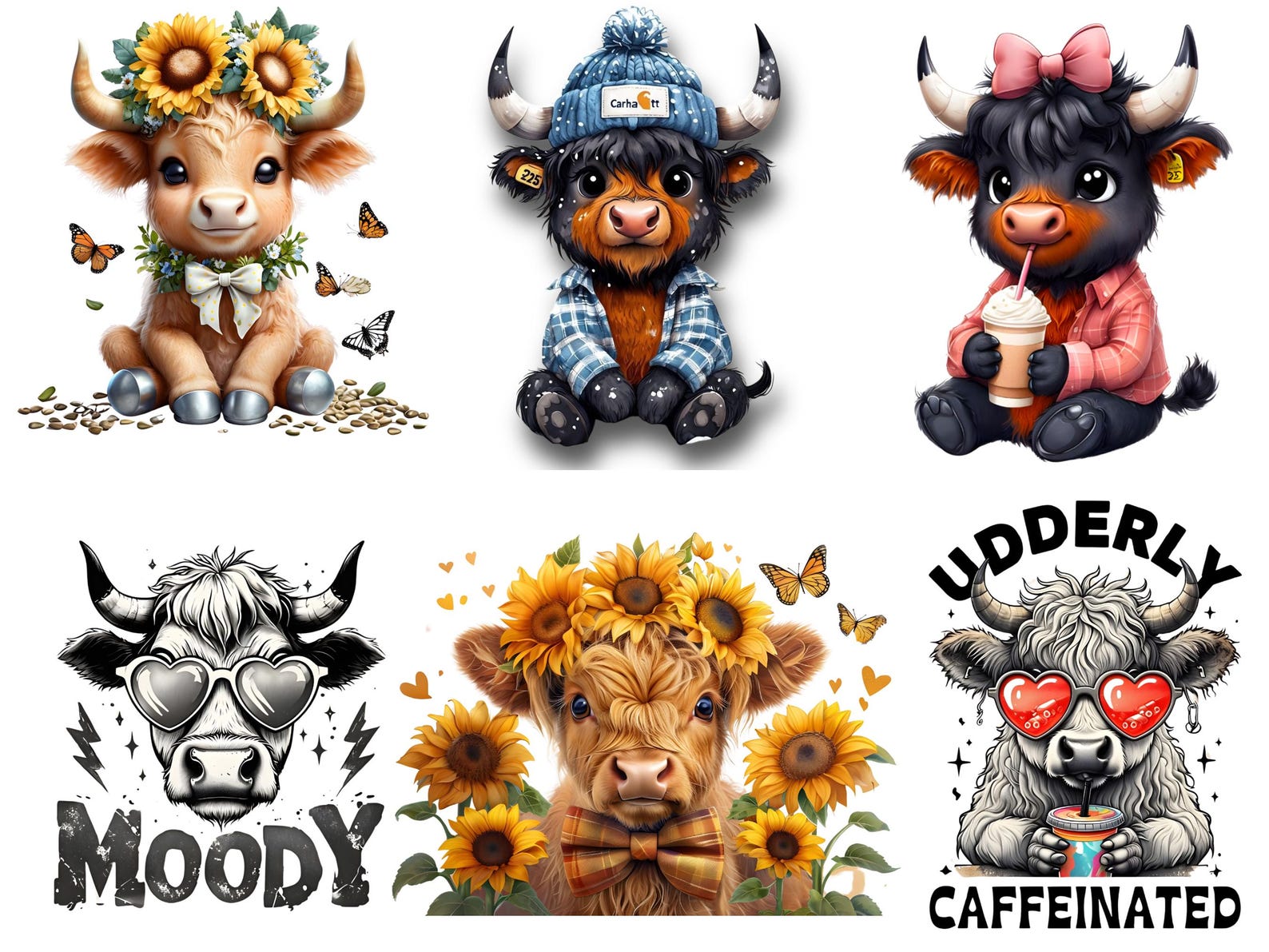 6 PNG Cute Highland Cow Clipart Bundle for Birthday and Funny Baby Cow ...