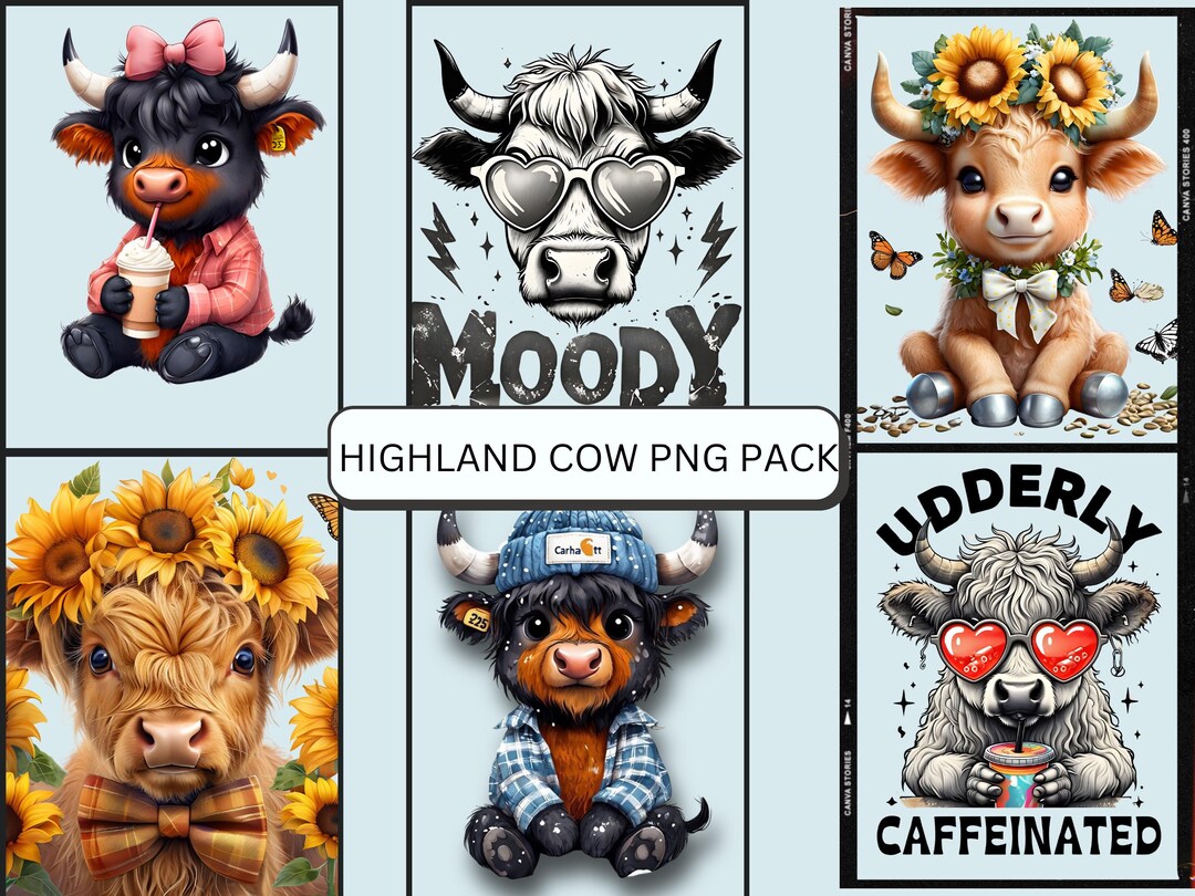 6 PNG Cute Highland Cow Clipart Bundle for Birthday and Funny Baby Cow ...