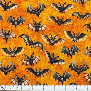 Quilting Fabric, by the Half Yard (cut as continuous), QT Fabrics, Jeepers Creepers Bats, Orange, Style 31014-O