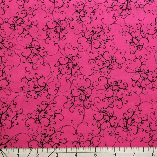 Quilting Fabric, Loralie Designs, Elegant Scroll Pink and Black, #692-484, Sold by the 1/2 Yd, cut as continuous length, 100% Cotton