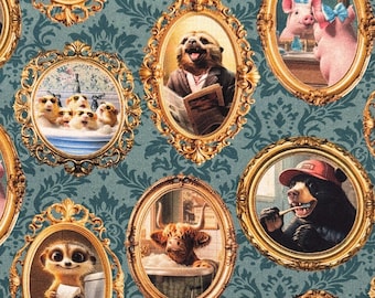 Bathroom humor fabric - Please Seat Yourself All Framed Up from 3 Wishes, BTHY, sold by the 1/2 yard (continuous cut) and Fat Quarters