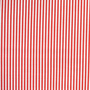 May include: A fabric swatch featuring a repeating pattern of vertical red and white stripes. A ruler at the bottom indicates a 12-inch width. The text reads 12-Inch Swatch and Riley Blake 1/8 inch Stripe, Red/White, #C495-RED.