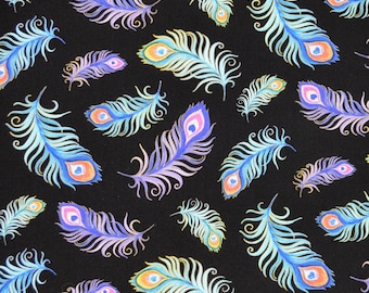 Multi-Color Peacock feathers from Timeless Treasures, BTHY (by the 1/2 yard, continuous cut),  CD2585, Black,  100% cotton quilting fabric.