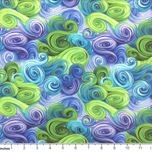 Quilting Fabric, by the Half Yard (continuous cut) and Fat Quarters, Spirit of the Wolf from Studio E, #7213-79, Blue, Green, Violet Swirl