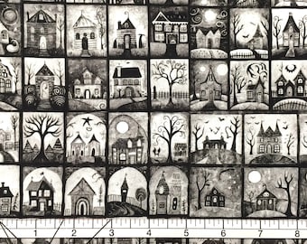 Quilting Fabric by the Half Yard (continuous cut), and Fat Quarters, Creepin' It Real Mini Haunted House Blocks Black and White 2600-30389K