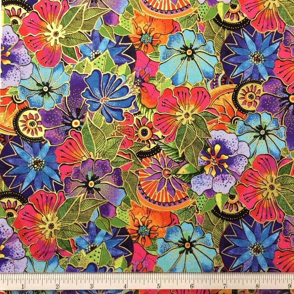 Laurel Burch Fabric from Clothworks, Earth Song, Jungle Floral, Metallic, #Y4019-55M, Sold by the half yard (cut as continuous)