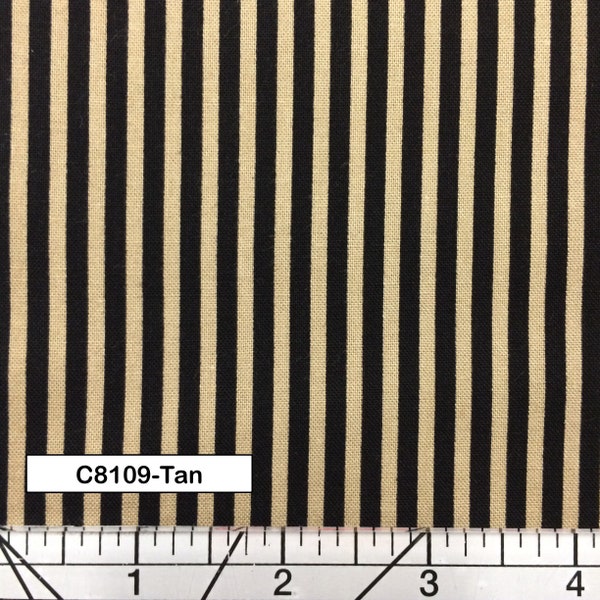 Quilting Fabric, by the Half Yard (Cut as Continuous), Timeless Treasures, 1/8” Black and Tan Stripe, Sold by the 1/2 Yard, Pattern #C8109