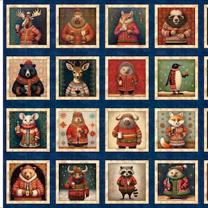 May include: A fabric panel featuring a grid of twenty square illustrations of various animals wearing festive red and green patterned sweaters. Each animal is depicted holding a beverage or gift, set against a dark blue background with cream borders.