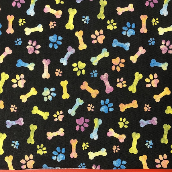 Quilting Fabric, by the Half Yard (continuous cut) and Fat Quarters, Freckle + Lollie, Bow Wow Meow, Mellow Pastels on Black, #FLBWM-D28-Z