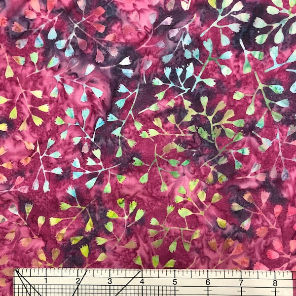 Fabric, Quilting Cotton, Fresh Batiks by Clothworks, #FB022, Plum Botanical, Sold by the 1/2 Yard, Cut as Continuous Yardage from the bolt