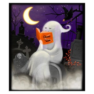 May include: Illustration of a friendly ghost reading a book titled "Ghost Tales" in a graveyard at night. The ghost is white, the book is orange, and the background is purple with a crescent moon and stars. A black crow sits on a tree branch.