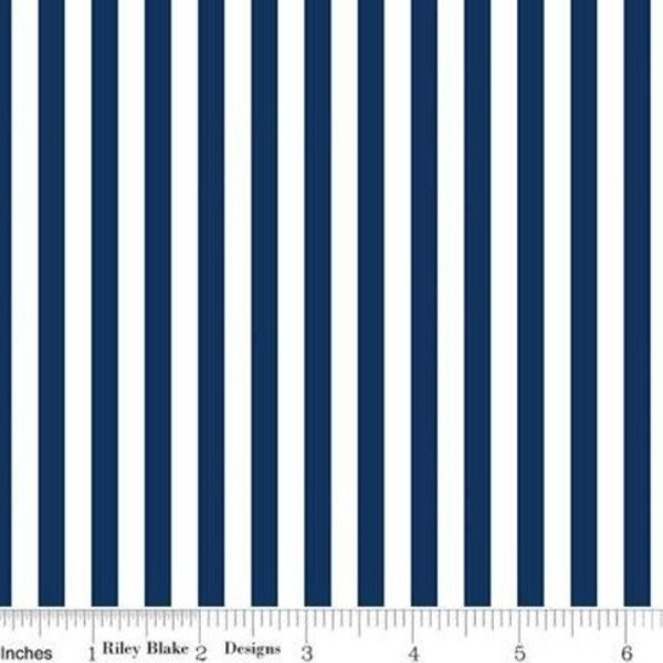 Quilting Fabric, 1/4” Navy and White Stripe, Riley Blake Designs, Pattern #C-555-NAVY, Sold by the 1/2 Yard, Cut as continuous, 100% Cotton