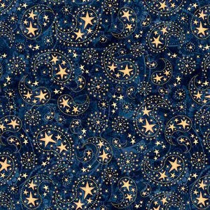 May include: A dark blue fabric with a repeating pattern of gold stars and paisley shapes. The stars vary in size and are scattered across the fabric, creating a celestial design. The paisley shapes are outlined with smaller stars.