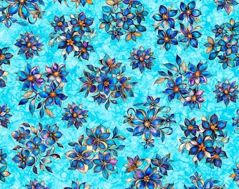 Mosaic Blooms from QT Fabrics, Tossed Floral in Turquoise, 2600-31486-Q by the Half Yard (cut as continuous)