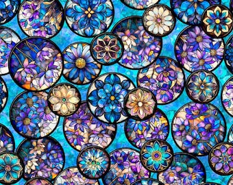 Mosaic Blooms from QT Fabrics, Floral Circle Vignettes in Turquoise 31485-Q, BTHY Sold by the Half Yard (cut as continuous) and Fat Quarters