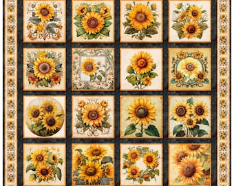 Sunflower Serenade from QT Fabrics, Full Yard Panel, Sunflower Picture Patches, 8" Squares, Charcoal, 31801-J