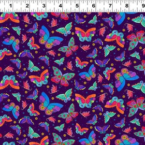 May include: A fabric with a repeating pattern of colorful butterflies on a dark purple background. The butterflies are in various sizes and feature a range of colors, including blue, green, orange, and pink. The fabric is likely used for crafting or sewing projects.