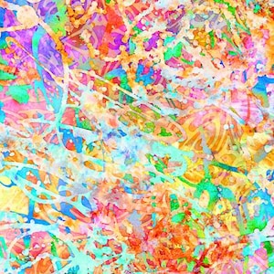 May include: Abstract artwork with a vibrant mix of colors. The image features a blend of orange, pink, blue, green, and purple hues, with white splatters and lines overlaying the background. The design has a watercolor effect.
