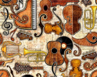 Vivace Musical Instrument Set in Cream from QT Fabrics, BTHY (by the 1/2 yd, cut as continuous), 32252-E, 100%  cotton, 4.5 oz per yard