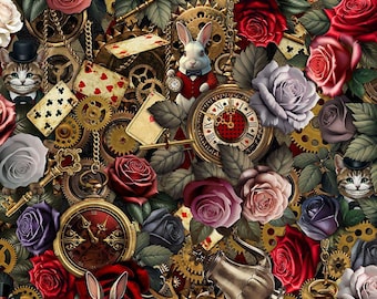 Down the Rabbit Hole Multi Floral Wonderland Quilting Fabric from Timeless Treasures, by the 1/2 Yard (continuous cut), CD-4227, 100% Cotton