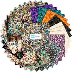 May include: A collection of square fabric swatches arranged in a circular fan pattern. The fabric features various Halloween-themed prints including eyeballs, potions, and skulls in colors like purple, orange, black, and teal. A white label reads QT fabrics.