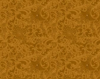 Dark Academia Scrolls and Webs, dark pumpkin, from White Owl Textiles, BTHY (by the 1/2 yd, continuous cut), W100-021-277, 100% cotton