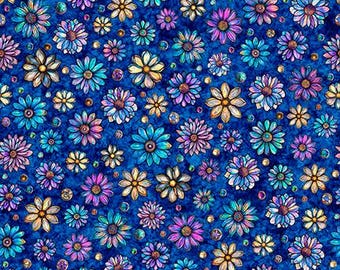 Mosaic Blooms from QT Fabrics, Small Floral in Navy, 2600-31488-N by the Half Yard (cut as continuous)