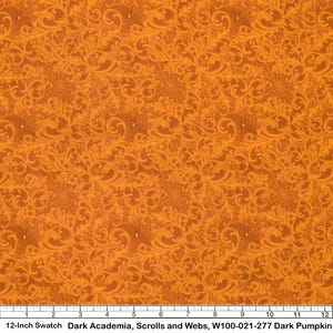 May include: A fabric swatch featuring a repeating pattern of orange scrolls and spider webs on a dark pumpkin orange background. A white ruler at the bottom indicates a 12-inch width. The text reads: 12-Inch Swatch Dark Academia, Scrolls and Webs, W100-021-277 Dark Pumpkin.