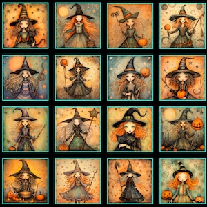 May include: A fabric panel featuring sixteen square illustrations of cartoon witches. Each witch is depicted with a black hat, holding various items like pumpkins, cats, and wands. The artwork has a vintage, storybook style with a Halloween theme.