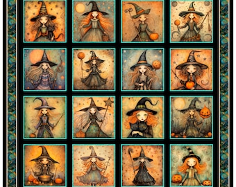 Witchypoo Witch Picture Patches, full yard 36" x 43", from QT Fabrics, Halloween Fabric, 100% Cotton, blocks are 8-inches, 31934-J Black