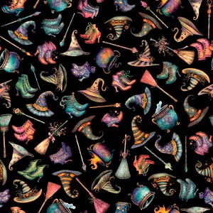 May include: A repeating pattern on a black background featuring watercolor illustrations of witch hats, boots, cauldrons, brooms, and wands. The illustrations are in shades of purple, orange, green, and blue.