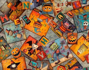 Quilting Fabric, By the Half Yard (continuous cut), and Fat Quarters, Creepin' It Real, Halloween Patchwork, Gray, 2600-30388-K, 100% cotton
