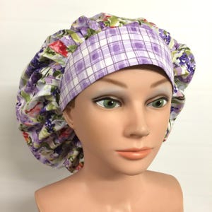 Banded Bouffant Style Scrub Hat, Wide Band with Pleats, Multi-Color Purple Floral Print, One Size