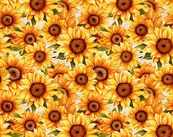 Sunflower Serenade from QT Fabrics, Packed Sunflowers, 31804-Z, White, by the Half Yard (cut as continuous)