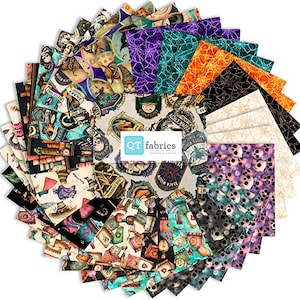 May include: A collection of square fabric swatches arranged in a circular fan pattern. The fabric features various prints including potion bottles, skulls, spider webs, and magical labels with text like QT fabrics, Black Widow, and Unicorn Blood.