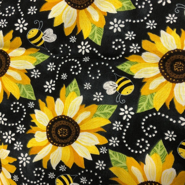 Quilting Fabric, by the Half Yard (cut as continuous) and Fat Quarters, Timeless Treasures, Sunflowers and Bees on Black, #C-5345