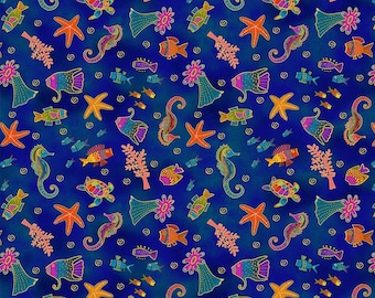 Oceania fabric from Laurel Burch Studio and Clothworks, Navy Blue Gold Meetallic Oceania Sea Life, Y4703-53M
