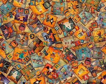 Quilting Fabric, By the Half Yard (continuous cut), and Fat Quarters, Creepin' It Real, Halloween Patchwork, Gold, 2600-30388-S, 100% cotton