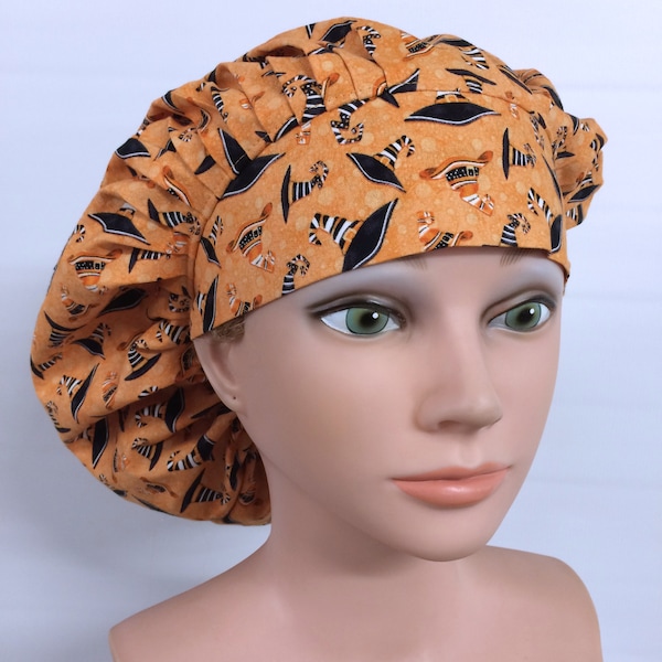 Banded Bouffant Style Scrub Hat, WIDE BAND, Halloween, Orange with Witch Hats,  100% Cotton, One Size Fits Most
