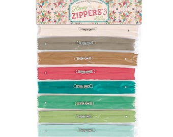 Lori Holt Happy Zippers3, Set of 8 in assorted colors, 16" Long, two pulls per zipper.  ST-46804