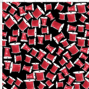May include: A black background with a repeating pattern of red thread spools. The spools are drawn in a simple, hand-drawn style with white outlines.