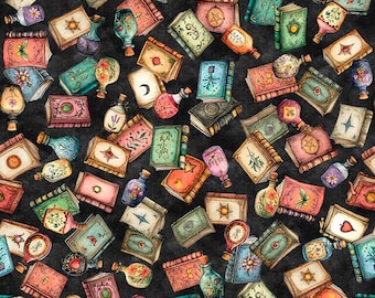 Witchypoo Book Toss in black from QT Fabrics, BTHY Sold by the half yard (continuous cut) and Fat Quarters, 31939-J