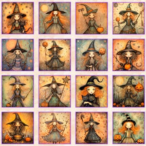 May include: A fabric panel featuring sixteen square illustrations of whimsical witches. Each witch is depicted in a unique pose, holding items like pumpkins, cats, and wands, set against a starry background. The color palette includes orange, purple, and black.